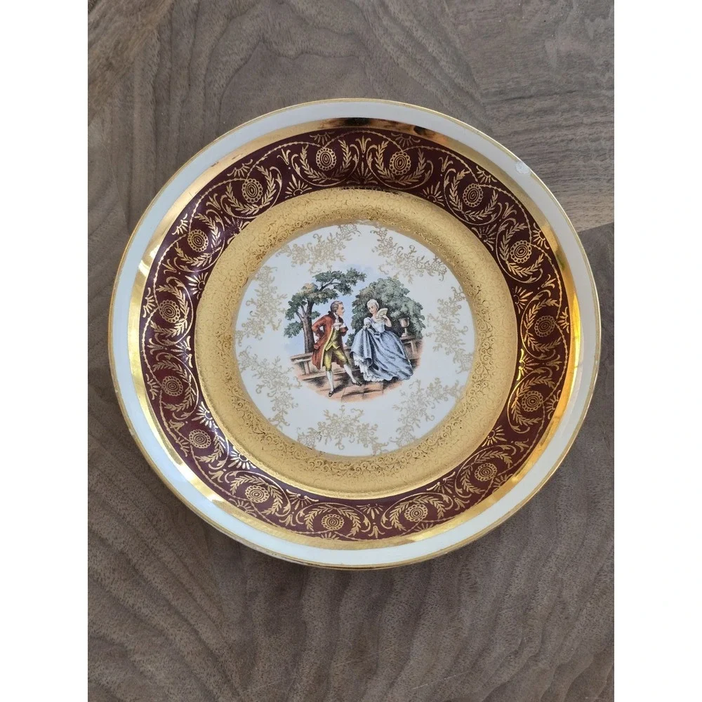 22K Gold Red Victorian Scene Plate Le Petit China (Small Chip and scratches)